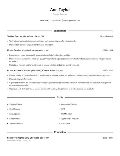 Toddler Teacher Resume