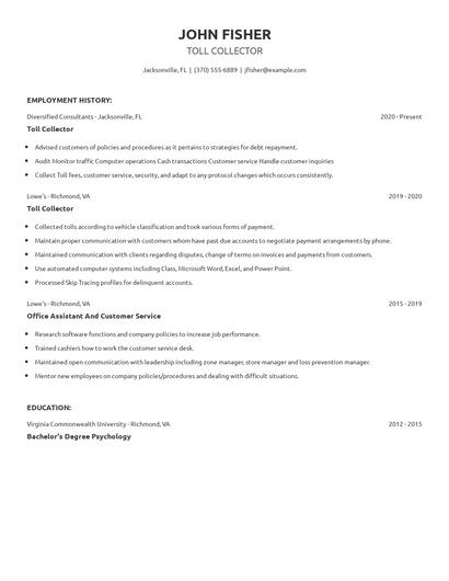 Toll Collector Resume