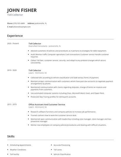 Toll Collector Resume