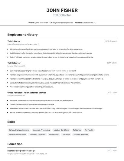 Toll Collector Resume