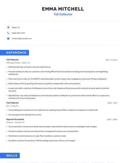 Toll Collector Resume