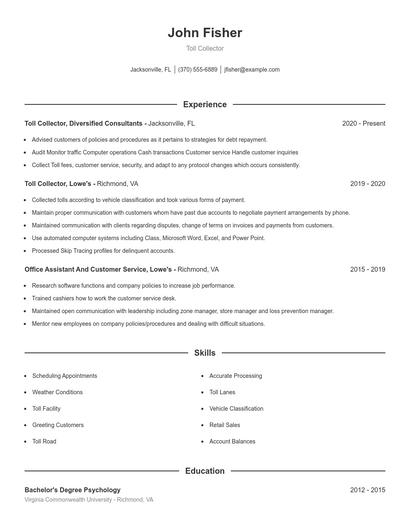 Toll Collector Resume