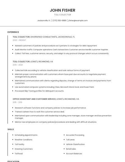 Toll Collector Resume