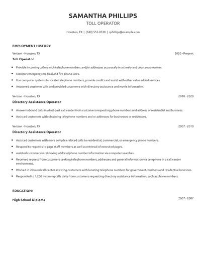 Toll Operator Resume
