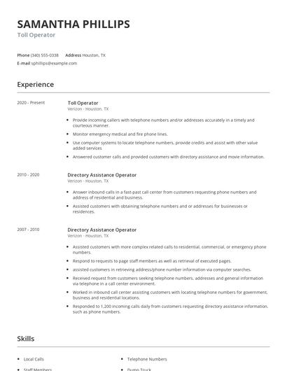 Toll Operator Resume