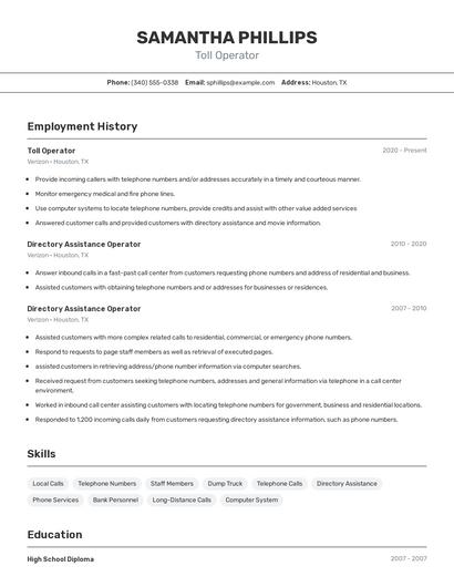 Toll Operator Resume
