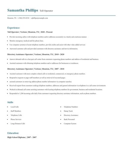 Toll Operator Resume