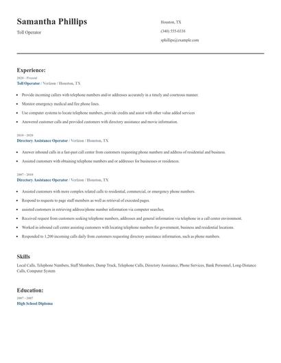 Toll Operator Resume