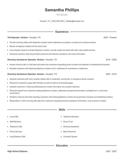 Toll Operator Resume