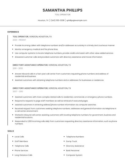 Toll Operator Resume