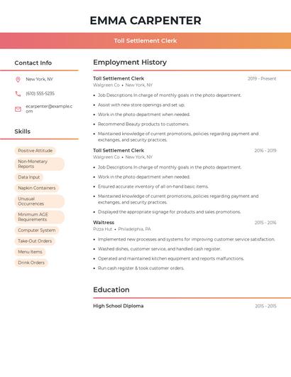 Toll Settlement Clerk Resume