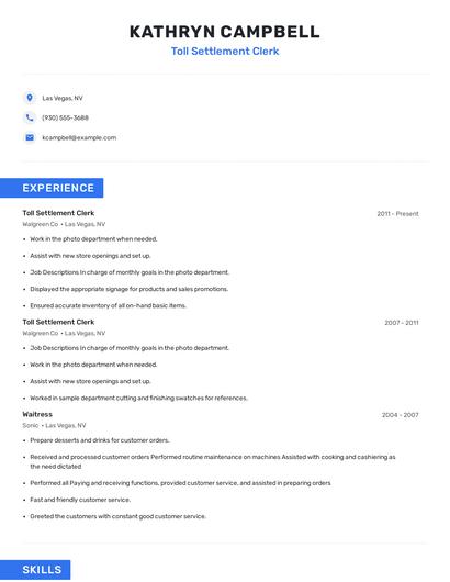 Toll Settlement Clerk Resume