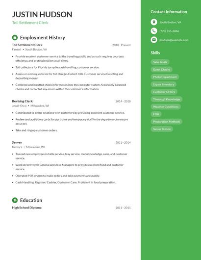 Toll Settlement Clerk Resume