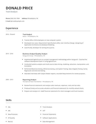 Tool Analyst Resume