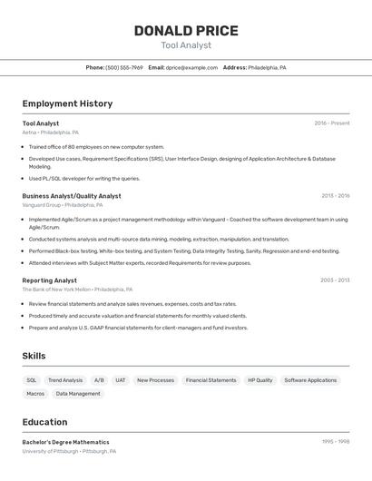 Tool Analyst Resume