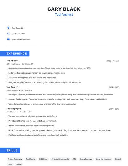 Tool Analyst Resume