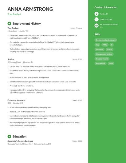 Tool Analyst Resume