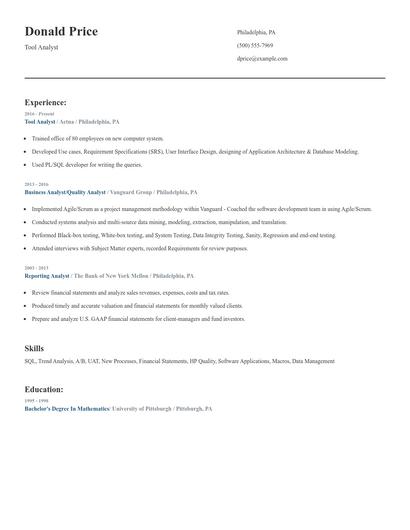 Tool Analyst Resume