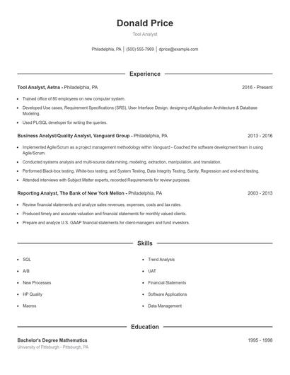 Tool Analyst Resume