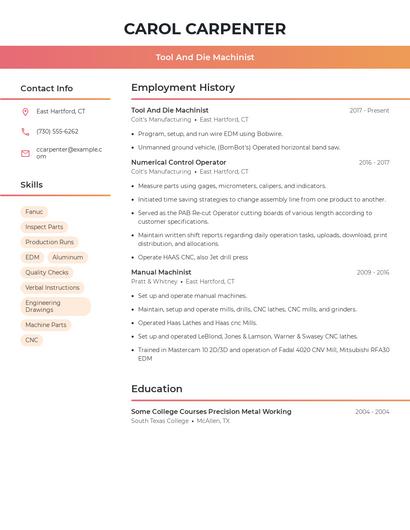 Tool And Die Machinist Resume