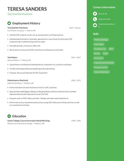Tool And Die Machinist Resume