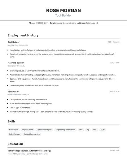 Tool Builder Resume