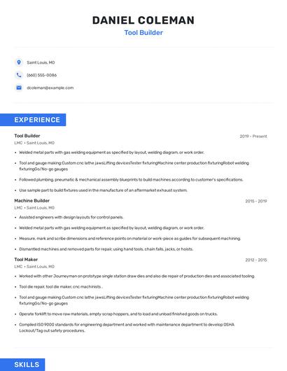 Tool Builder Resume