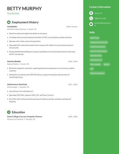 Tool Builder Resume