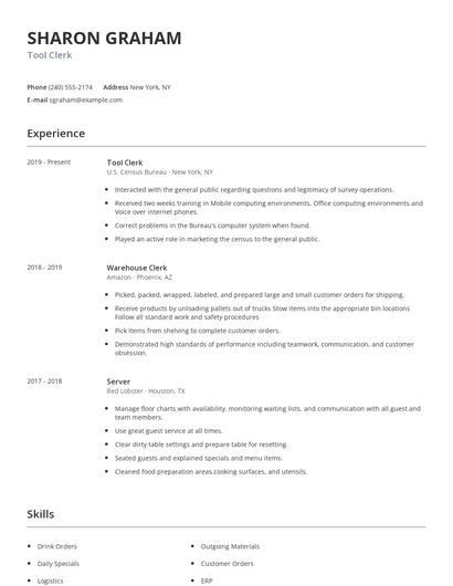 Tool Clerk Resume