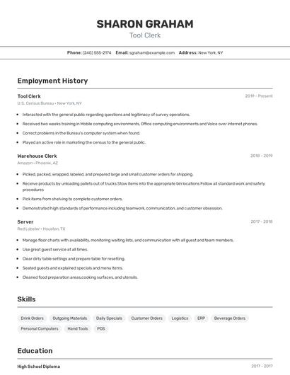 Tool Clerk Resume