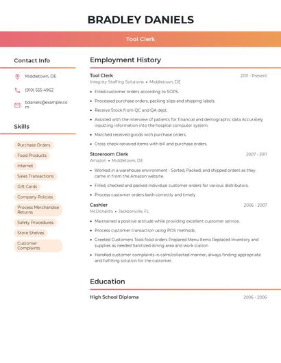 Tool Clerk Resume