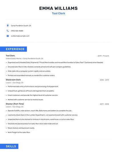 Tool Clerk Resume