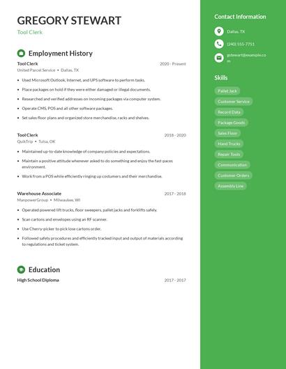 Tool Clerk Resume