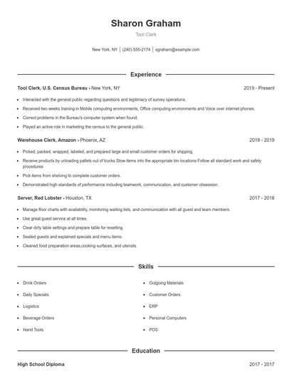 Tool Clerk Resume