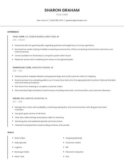 Tool Clerk Resume