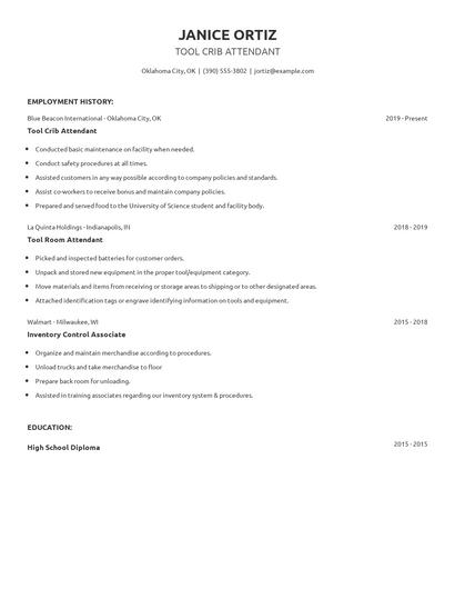Tool Crib Attendant Resume