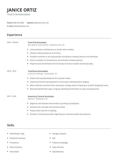 Tool Crib Attendant Resume
