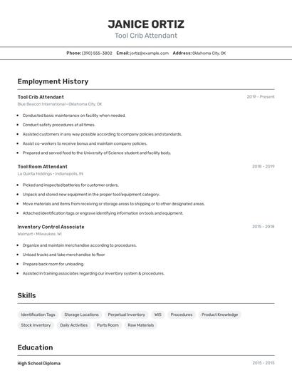 Tool Crib Attendant Resume