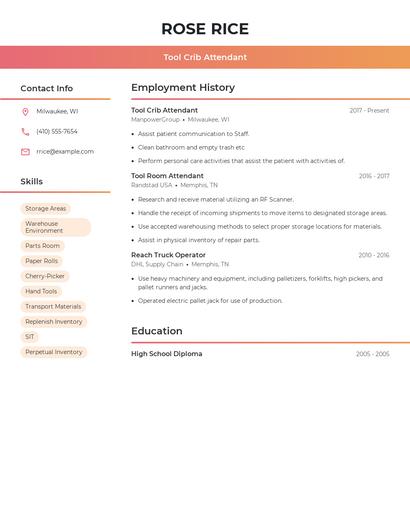 Tool Crib Attendant Resume