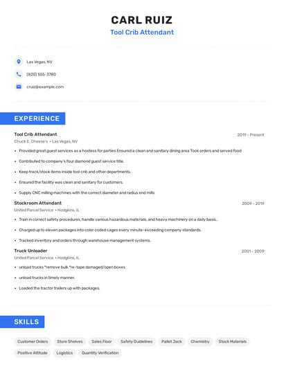 Tool Crib Attendant Resume