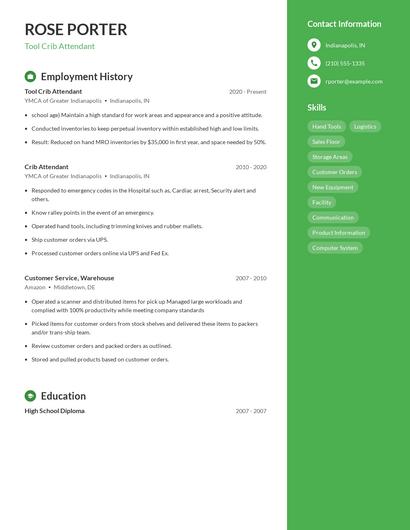 Tool Crib Attendant Resume
