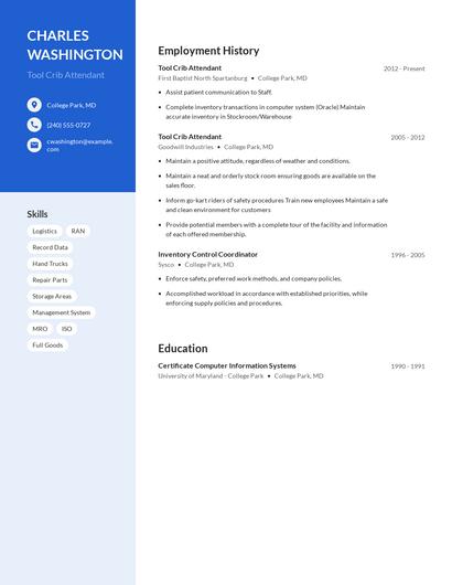 Tool Crib Attendant Resume
