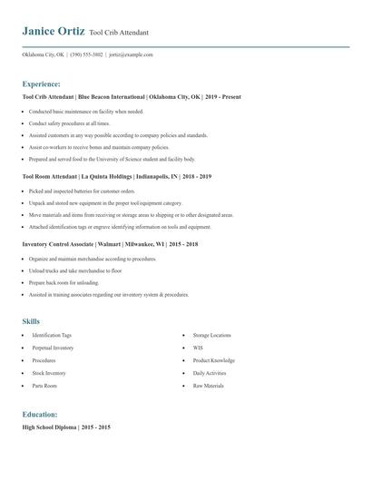 Tool Crib Attendant Resume
