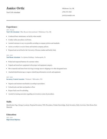 Tool Crib Attendant Resume