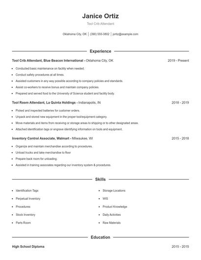 Tool Crib Attendant Resume