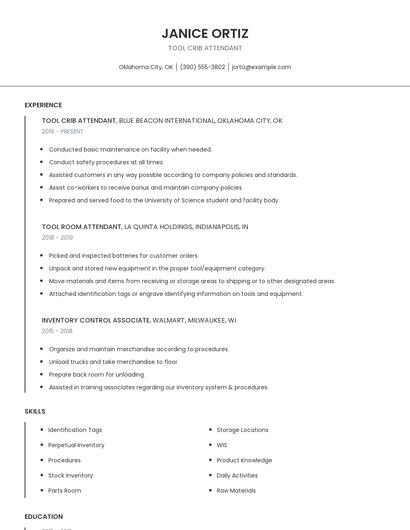 Tool Crib Attendant Resume