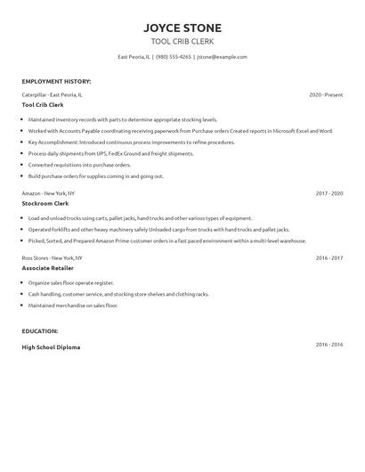 Tool Crib Clerk Resume