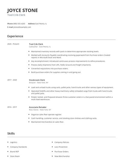 Tool Crib Clerk Resume