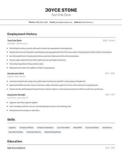 Tool Crib Clerk Resume