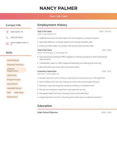 Tool Crib Clerk Resume